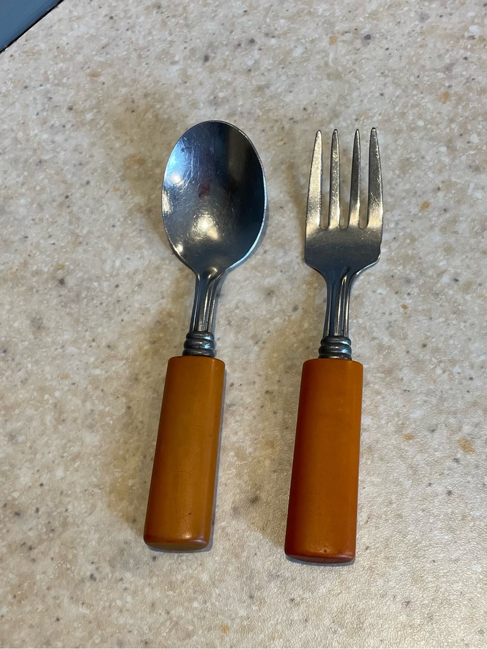 Vintage Children’s Butterscotch Bakelite Handle Fork and Spoon Set Flatware MCM